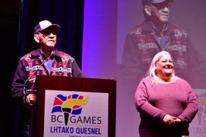 Chief Lebrun addresses the crowd at the 2024 BC Winter Games opening ceremony.