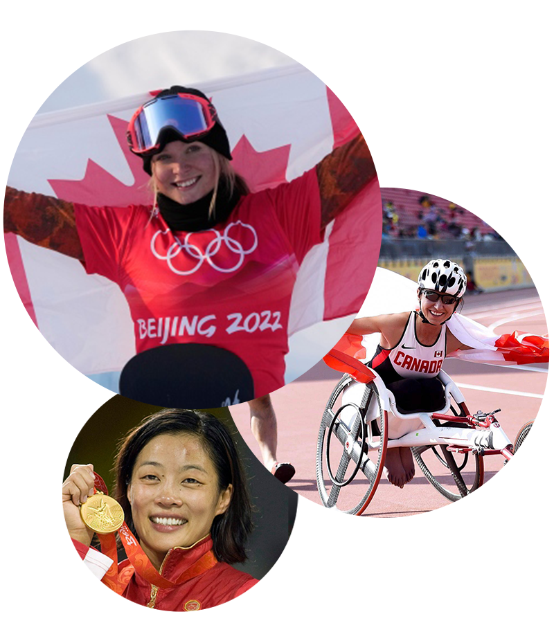 Images of BC Games alumni and Olympic or Paralympic medallists Meryeta O'Dine, Michelle Stilwell, and Carol Huynh.